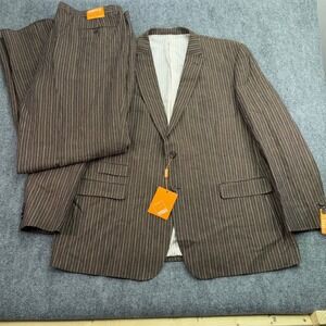 INSERCH‎ Blazer Mens 54L Pants 47W Unhemmed Brown Pinstripe 100% Linen Suit